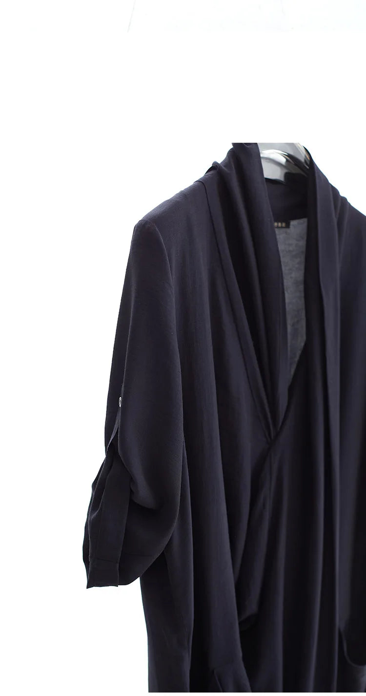 New Chinese-Style Dress~Draped Collar Navy Blue Pleated Dress, Summer Slimming and Elegant Long Dress for Women