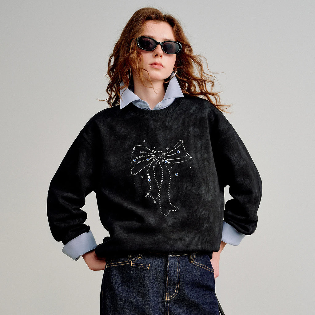 TOYOUTH Women Batik Cotton Sweatshirts 2026 Spring New Bow Rhinestone Crew Neck Loose Black Tops