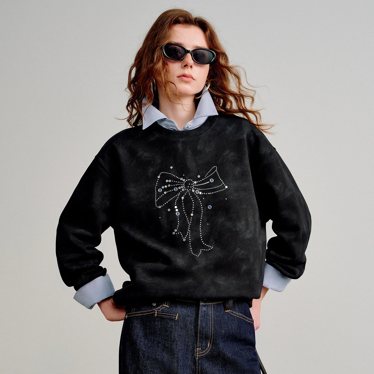 TOYOUTH Women Batik Cotton Sweatshirts 2026 Spring New Bow Rhinestone Crew Neck Loose Black Tops