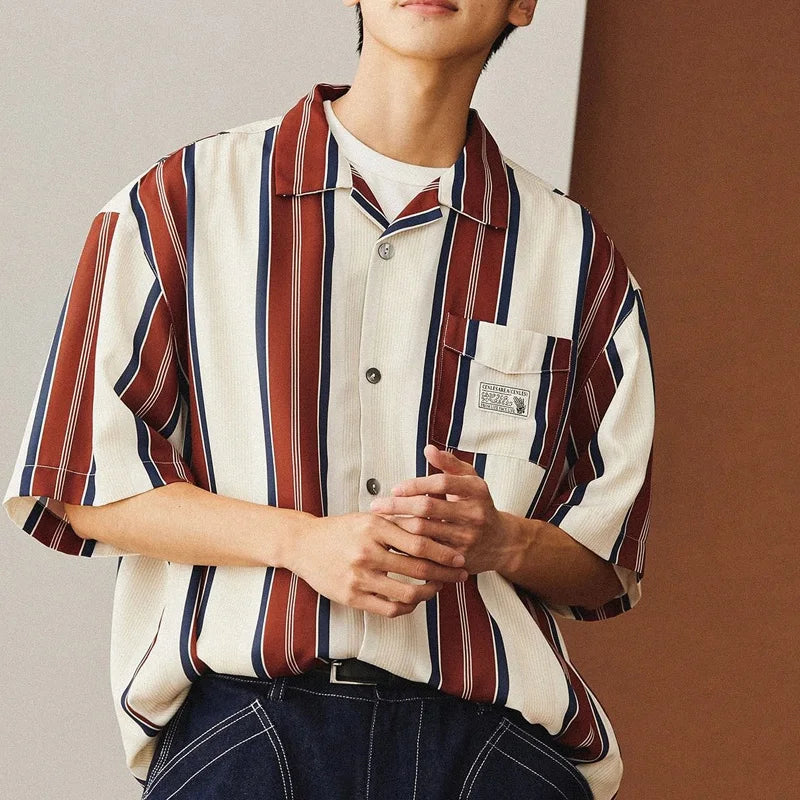 Summer New Turn-down Collar Fashion Short Sleeve Shirt Man High Street Casual Button Cardigan Striped Pockets Patchwork Tops