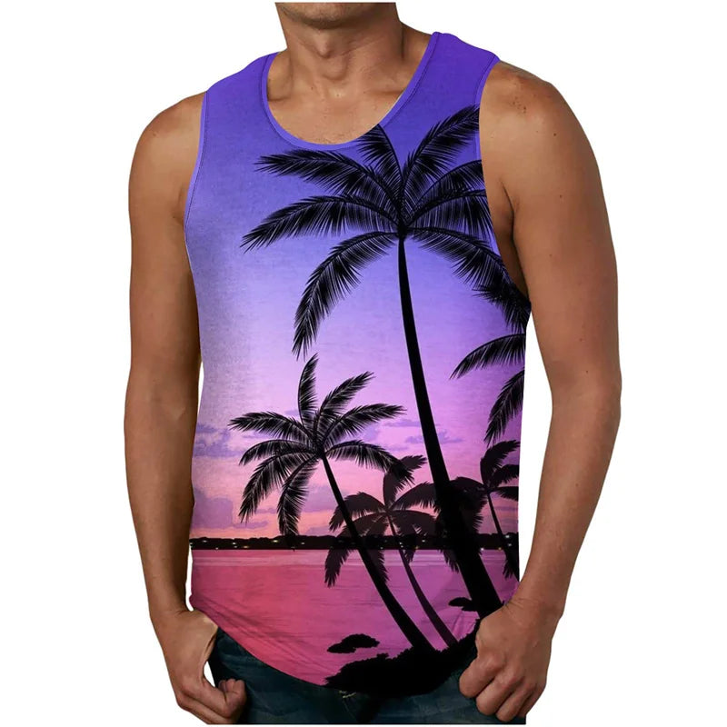 vintage Summer 3D New Coconut Trees Printed Tank Top Tropical Leaves Graphic Tank Tops Men Fashion Cool Streetwear Clothing Vest