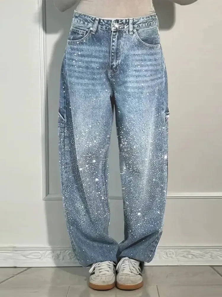 Shiny Rhinestone Baggy Women's Wide Leg Jeans Full Diamond Wide Leg Dragging Denim Pants Vintage Washed Pants Casual Trousers