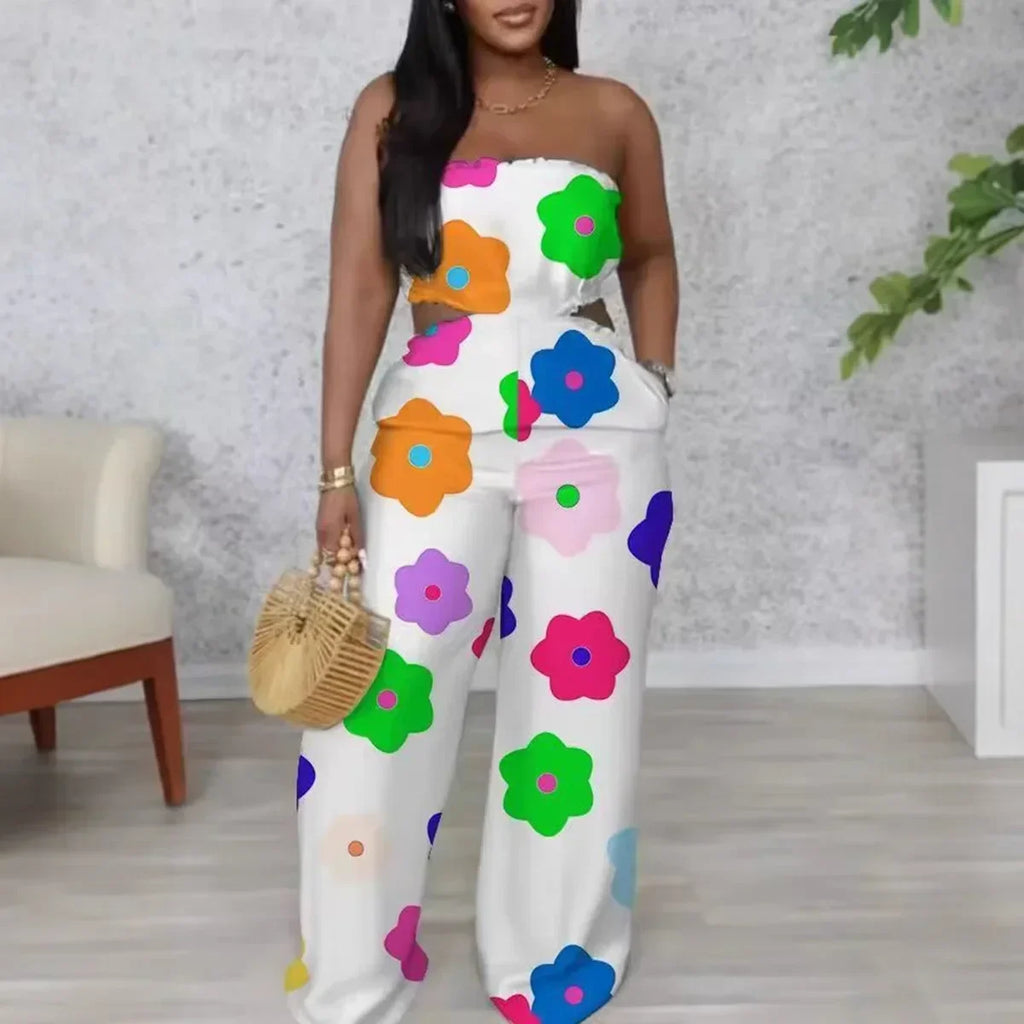2025 Elegant Sleeveless Hollow Out Casual Style Women Tube Top with Wide-leg Jumpsuit Long Pants