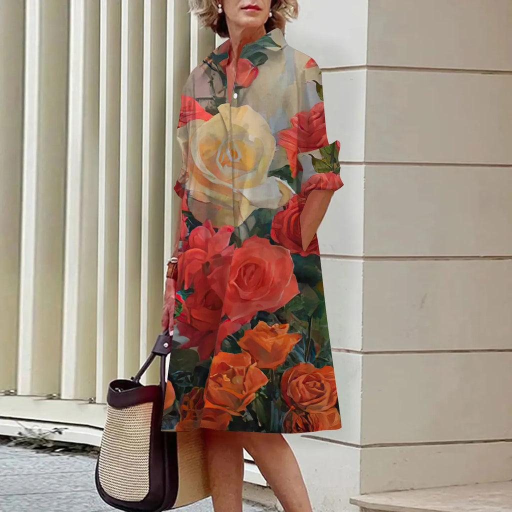 Spring and Summer Women's Dresses Fashion Lapel Printed Long Sleeve Shirt Street Shooting High Temperament New Traveling Gowns