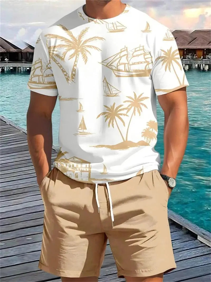 2025 Summer New Men's Short-sleeved Top Palm Tree Print T-shirt Fashion Vacation Beach Casual Pattern