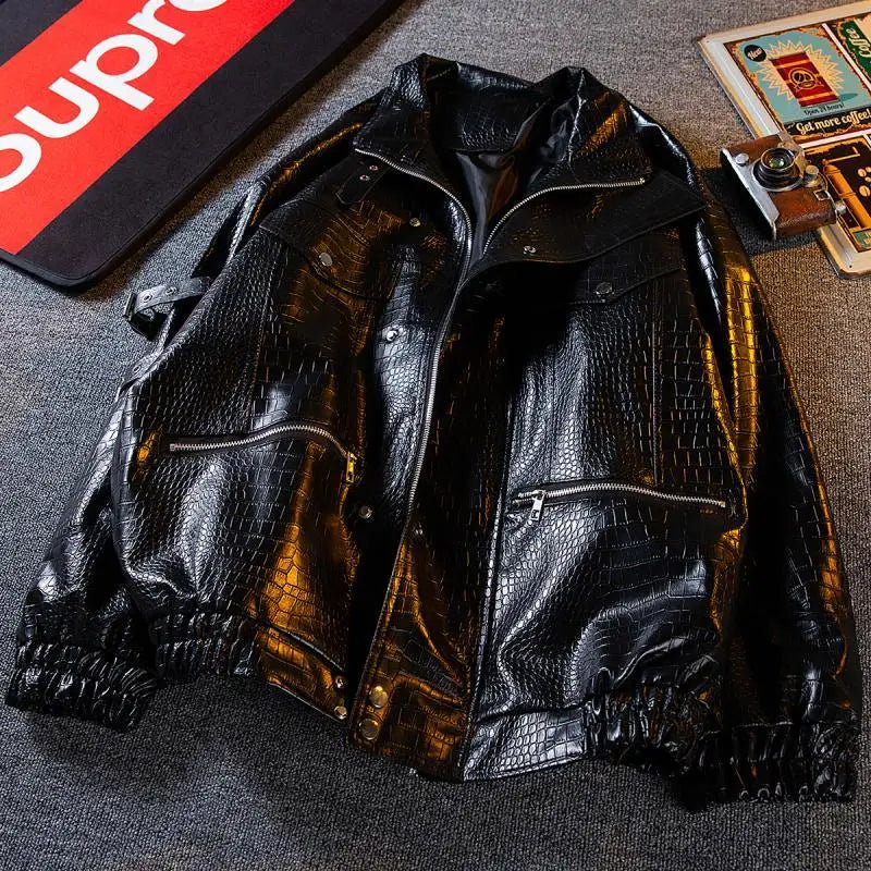Gmiixder Functional Imitation Crocodile Leather Jacket Men's Spring Autumn American Retro High Street Motorcycle Leather Coat