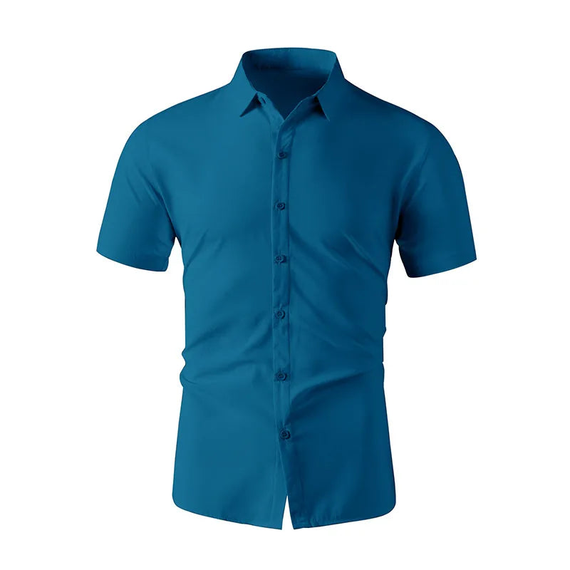 Casual Light Blue Short Sleeve Button Up Shirt for Men Versatile Collared Dress Shirt for Spring & Summer