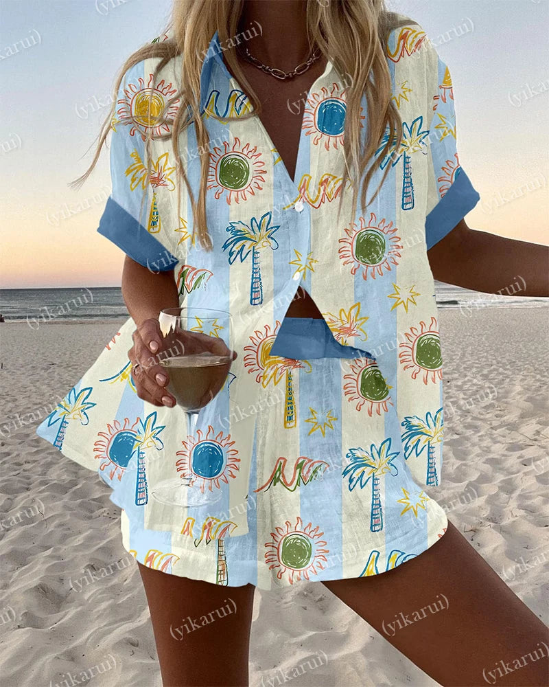 Summer Fashion Colorful Printed Blouse Shorts Two Pieces Sets Women Lapel Short Sleeve Button Shirt Suit Beach Holiday Outfits