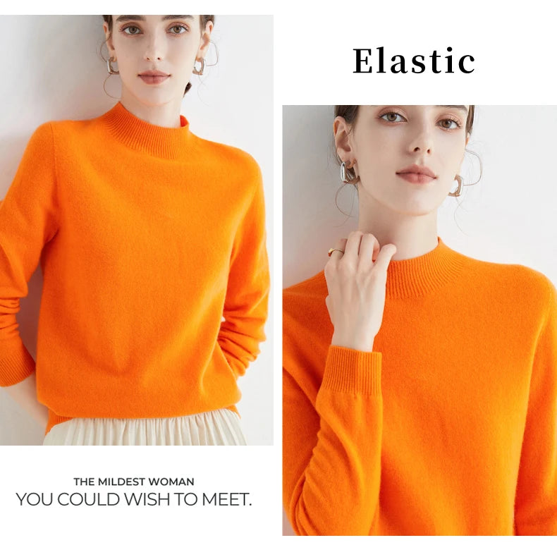 First-Line Seamless Women's Half-Turtleneck 100% Pure Wool Sweater Solid Color Long Sleeve Pullover Knitted Bottoming Sweater