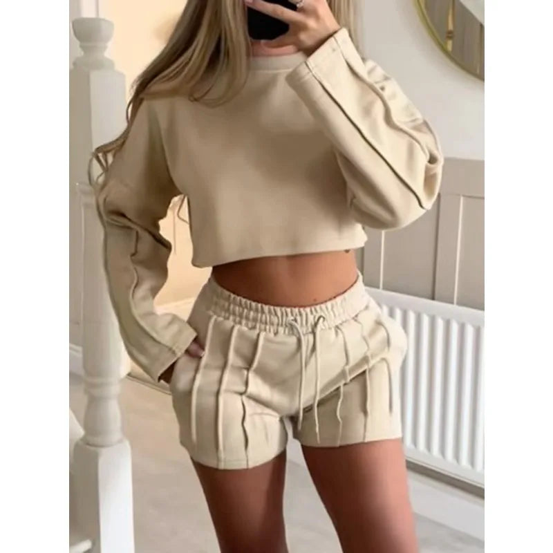 Women 2 Piece Outfits Pink Crop Top Long Sleeve Sweatshirt High Waist Shorts Loungewear Set
