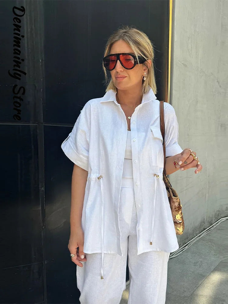 Casual Drawstring Shirt Pants Set Women Lapel Button Short Sleeve Pocket Loose Top Wide Leg Pants 2025 Chic Summer Women's Suit