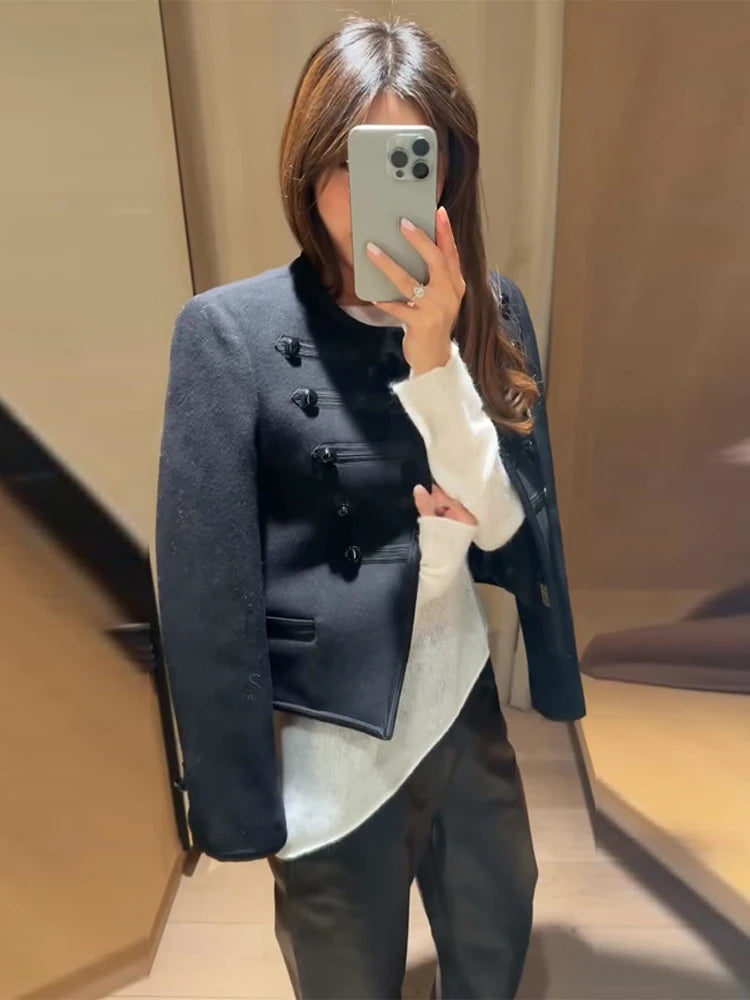 Fashion Round Neck Cropped Jacket For Women Casual Long Sleeve Double Breasted Short Coat Lady 2026 Spring Chic Street Outerwear