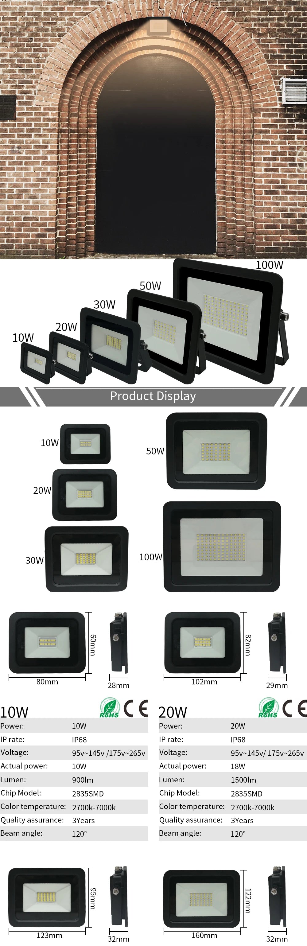 LED floodlight 110V/220V outdoor IP68 reflector light 100W 50W 30W 20W 10W spotlight street light wall light courtyard lighting.