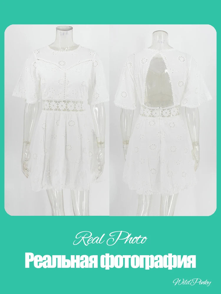 WildPinky Flare Sleeve Cotton White Lace Dress Women Casual Ladies Summer High Waist Short Dress Backless Hollow Out Vestidos