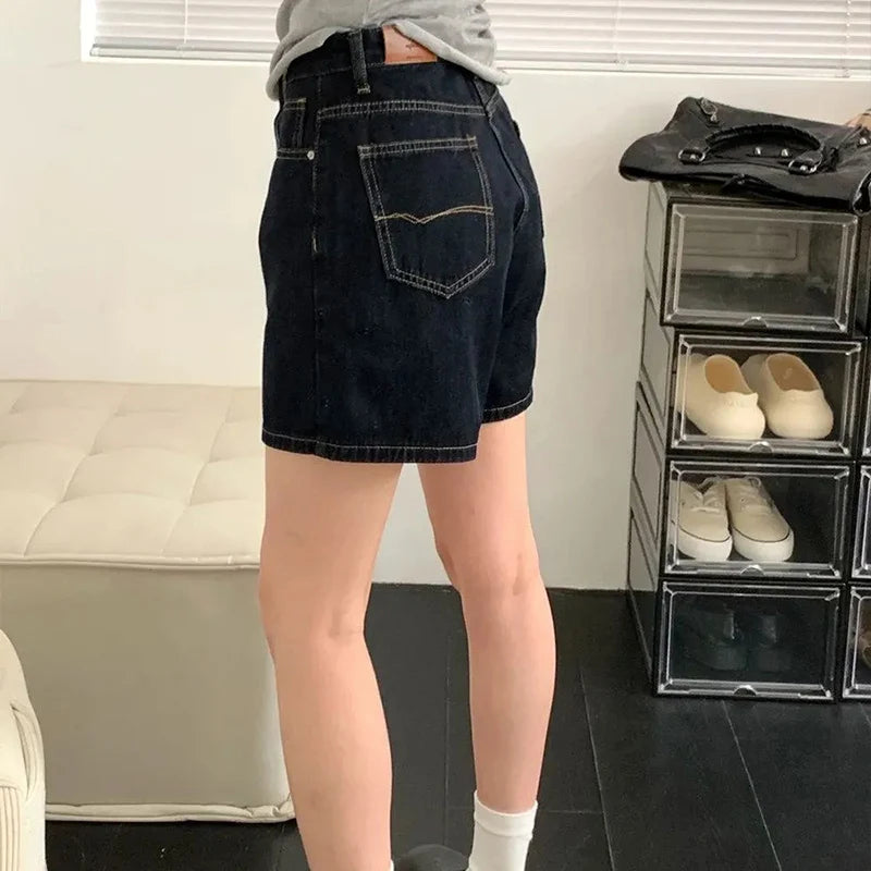 Retro Blue Straight Denim Shorts Women Summer 2026 High Waist Short Jeans Woman Korean Loose Wide Leg A-Line Hot Shorts Female