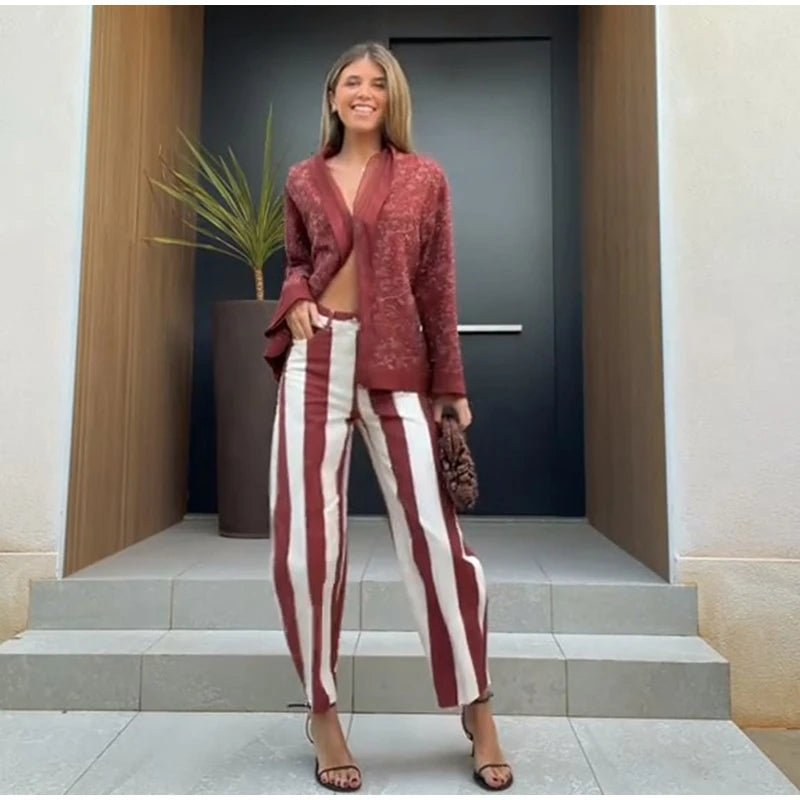 Street Fashion Stripe Women's Pants Zipper Button Pocket Wide Leg Multicolor Vertical Pants 2026 Spring Summer Lady Trousers