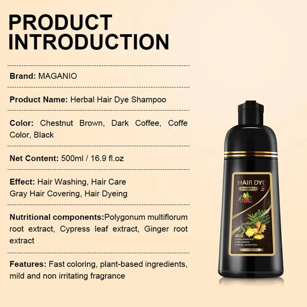 Black Brown Hair Dye Shampoo 500ml,4-in-1 Color Shampoo for Gray Coverage, Long-Lasting Natural Hair Coloring for Women Men