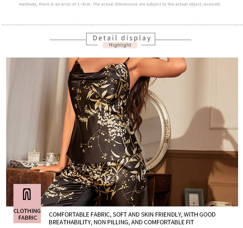 Sexy Suspender Pajamas Set Summer Women Satin Sleepwear Trouser Suits Print Flower Pyjama Pour Femme Loose Home Wear Pijamas