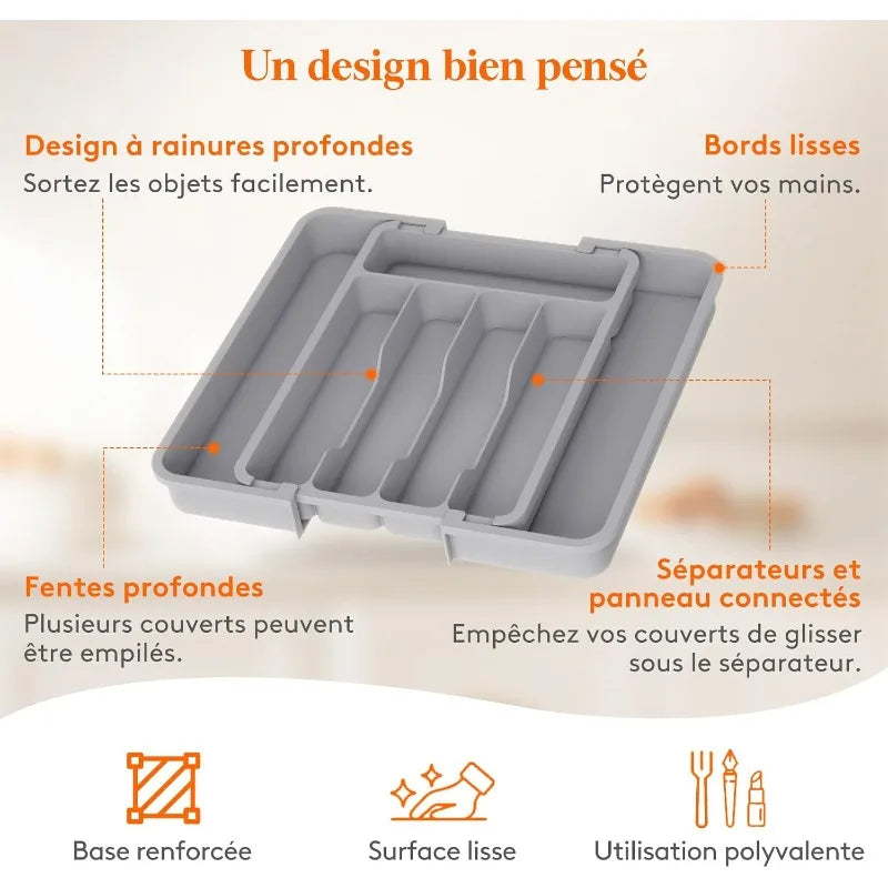 4 Grid Expandable Kitchen Drawer Organizer Adjustable Retractable Cutlery Storage Box with Divider for Utensils,Drawer Organizer