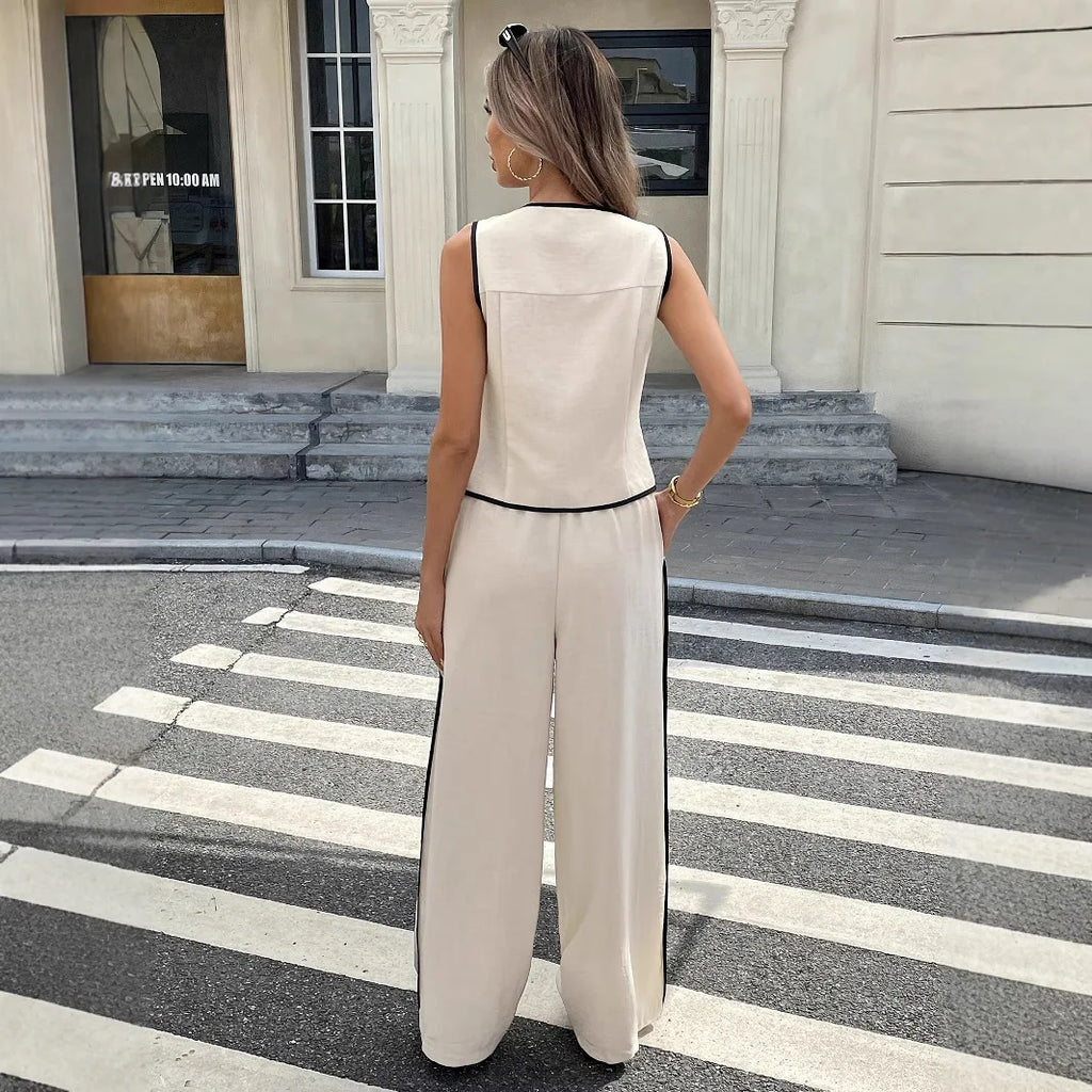 2026 Summer Female Vest Pants Set Solid Sleeveless V-Neck Top High Waist Casual Loose Pant Two-piece Set Office Lady Suit Street