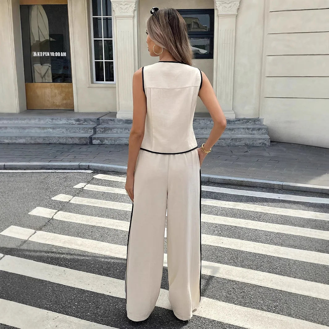 2026 Summer Female Vest Pants Set Solid Sleeveless V-Neck Top High Waist Casual Loose Pant Two-piece Set Office Lady Suit Street