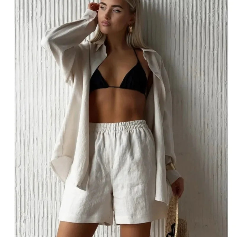 Women 2 Piece Shorts Set Casual Solid Loose Holiday Tracksuit Long Sleeve Cardigan And High Waist Female Shorts Sets 2025 Summer