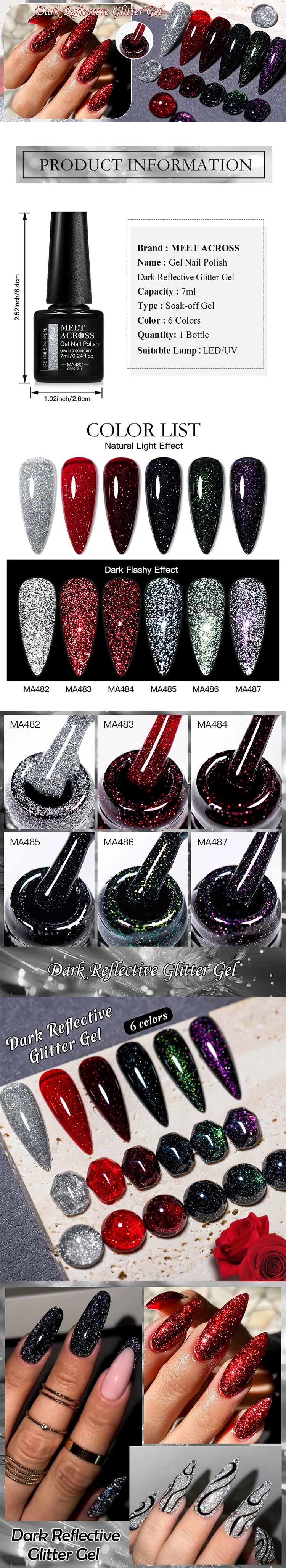 MEET ACROSS 7ml Red Series  Reflective Glitter Gel Nail Polish Autumn And Winter Series Semi Permanent UV DIY Nail Art For Manic