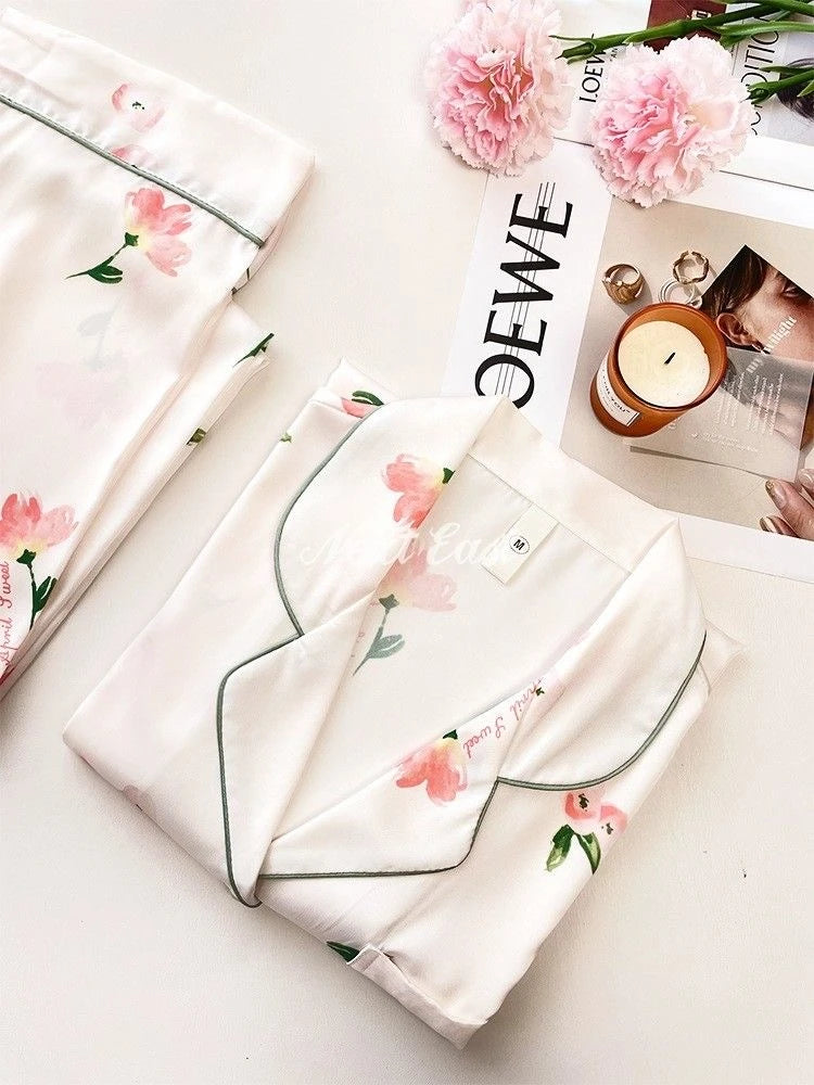 2024 New Ice Silk 2 Pieces Pajamas for Women Autumn Spring Women's Pajamas Set Elegant Ptinting Flower Home Wear Soft Sleepwear
