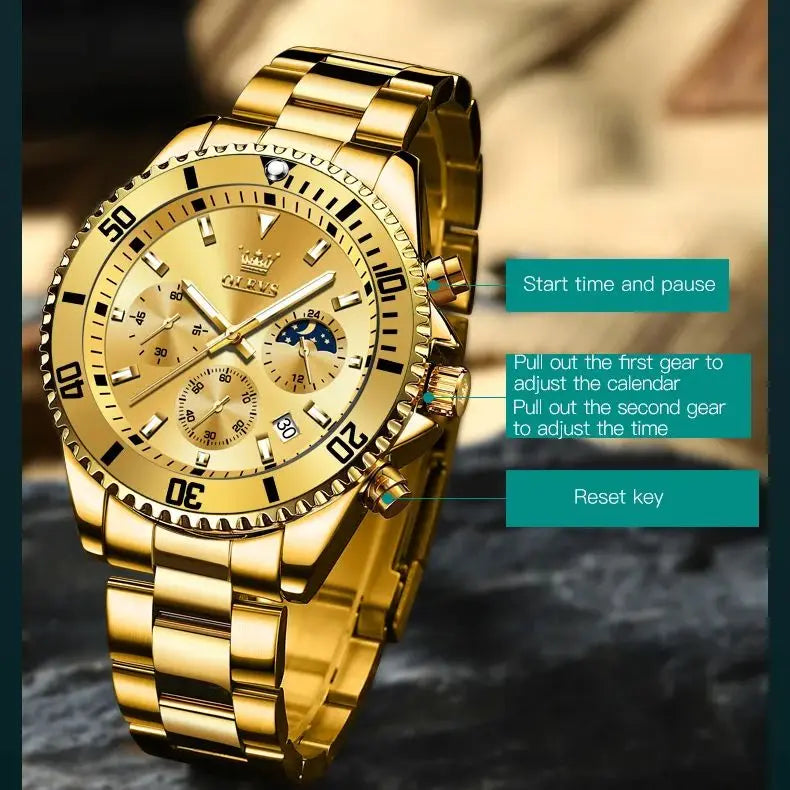 OLEVS 2870 Gold Men Watch Luxury Original Diving Series Men Watch Calendar Moon Phase Chronograph Sport Men Quartz Watch Gift