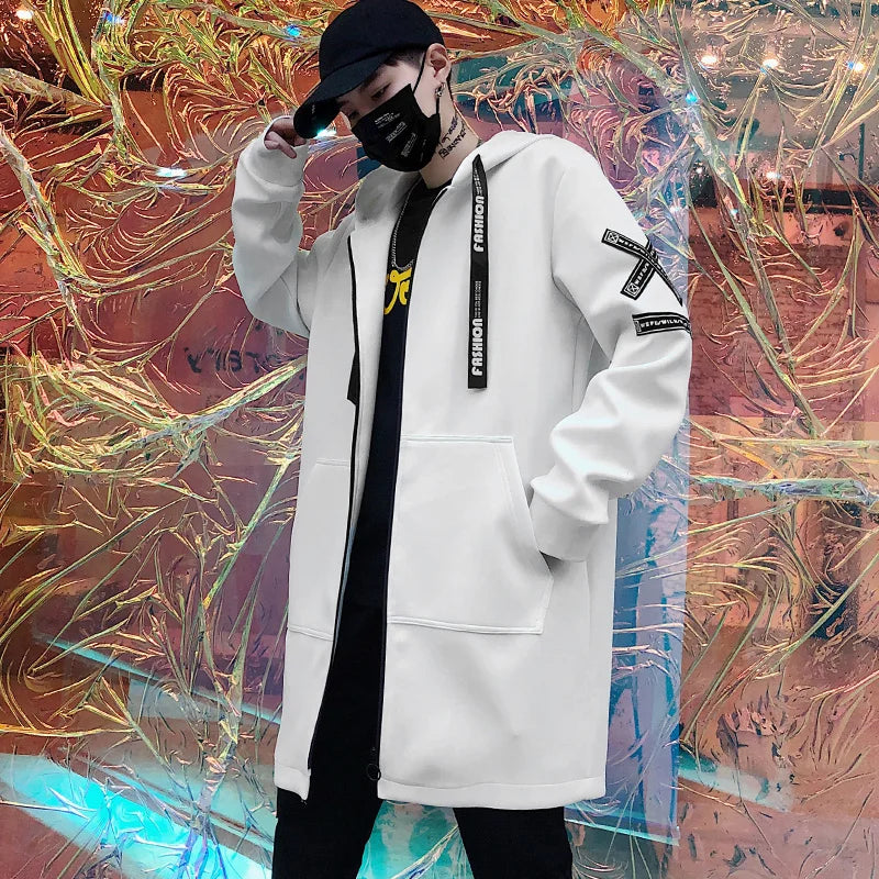 2025 Mens Hooded Trench Coat Mid Long Windproof Jacket Outerwear Autumn Winter New Fashion Windbreaker Coat Parka Male