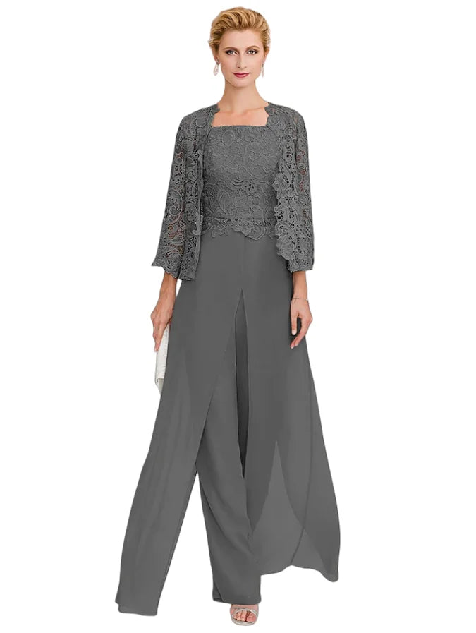 Jumpsuit Pantsuit 3 Piece Floor Length Sleeveless Square Neck Elegant Formal Wedding Guest Chiffon Mother of the Bride Dress