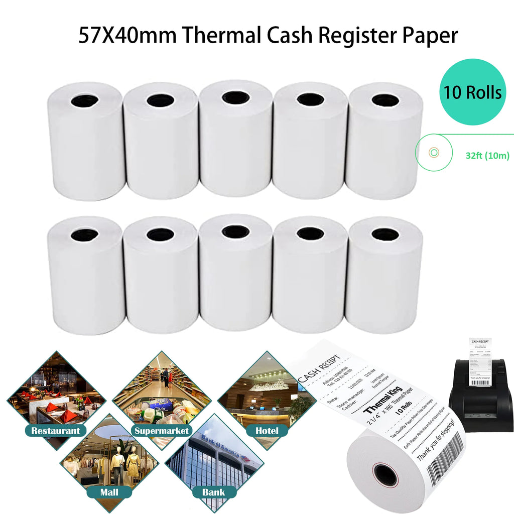 57x40mm Cash Register Thermal Paper 10 Rolls Compatible POS Credit Card Machine Catering Takeout Kitchen Queue Receipt Printing