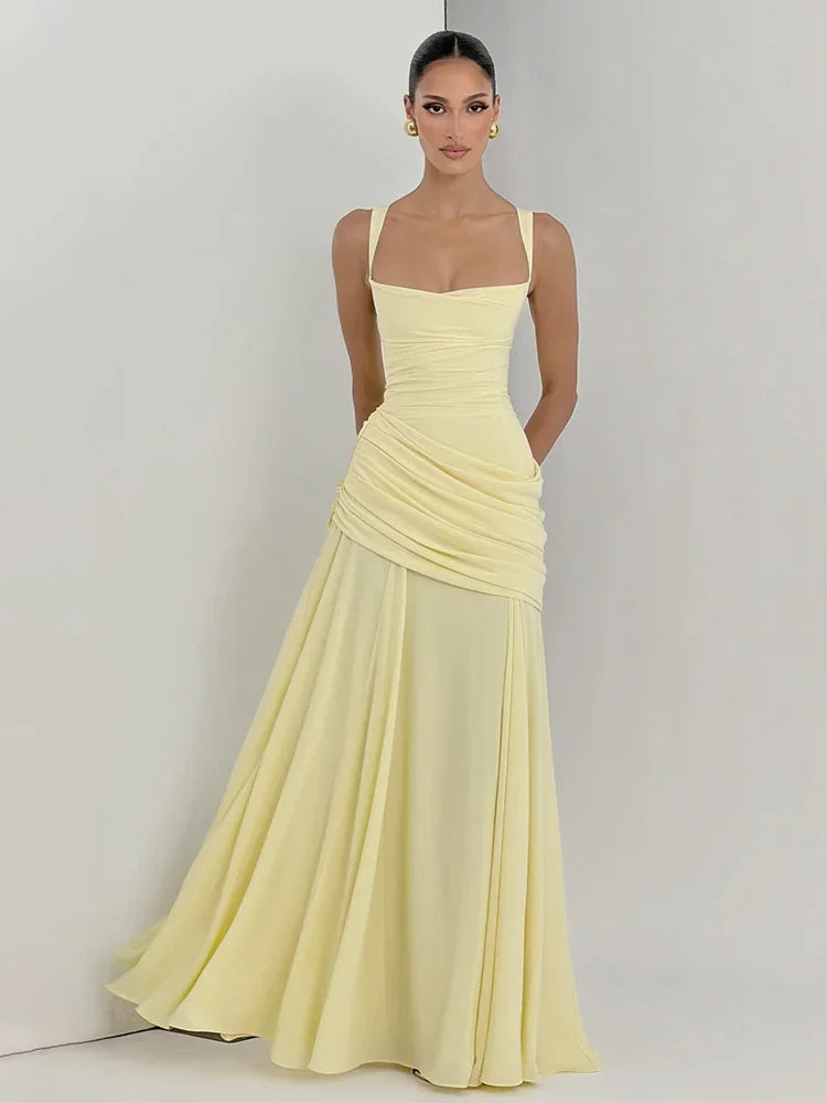 Elegant Solid Pleated Sling Dress Women Sexy Square Neck Sleeveless High Waist Slim Maxi Dresses 2026 Lady Party Evening Robe