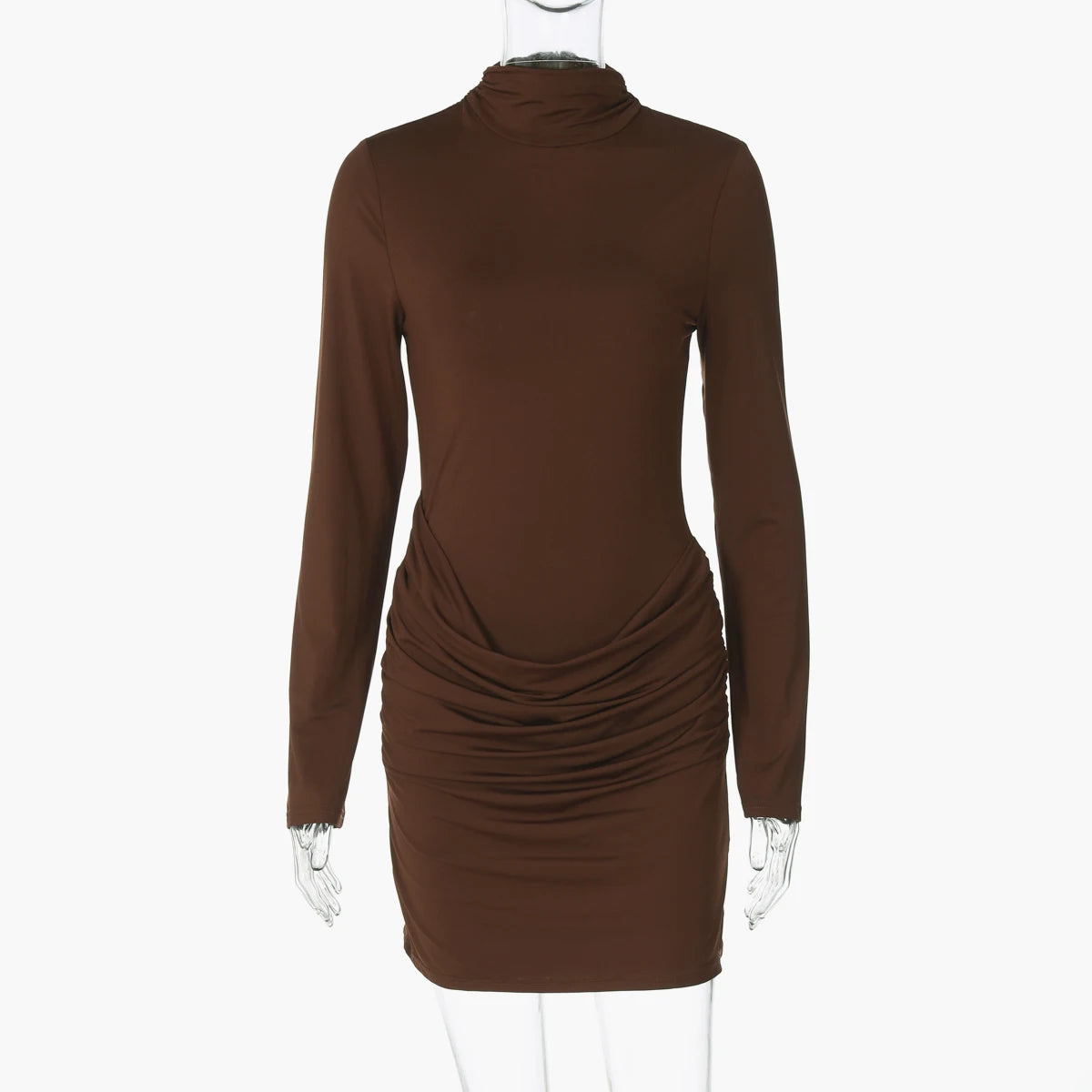 Hugcitar Women Elegant Turleneck Long Sleeve Ruched Sexy Bodycon Mini Dress Autumn Women Clothes Streetwear Party Festival