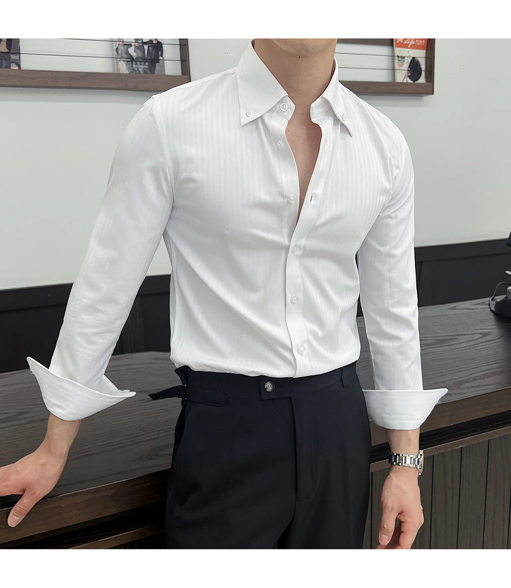 High-quality autumn men's new long-sleeve dark striped slim-fit shirt business casual formal workwear M-4XL