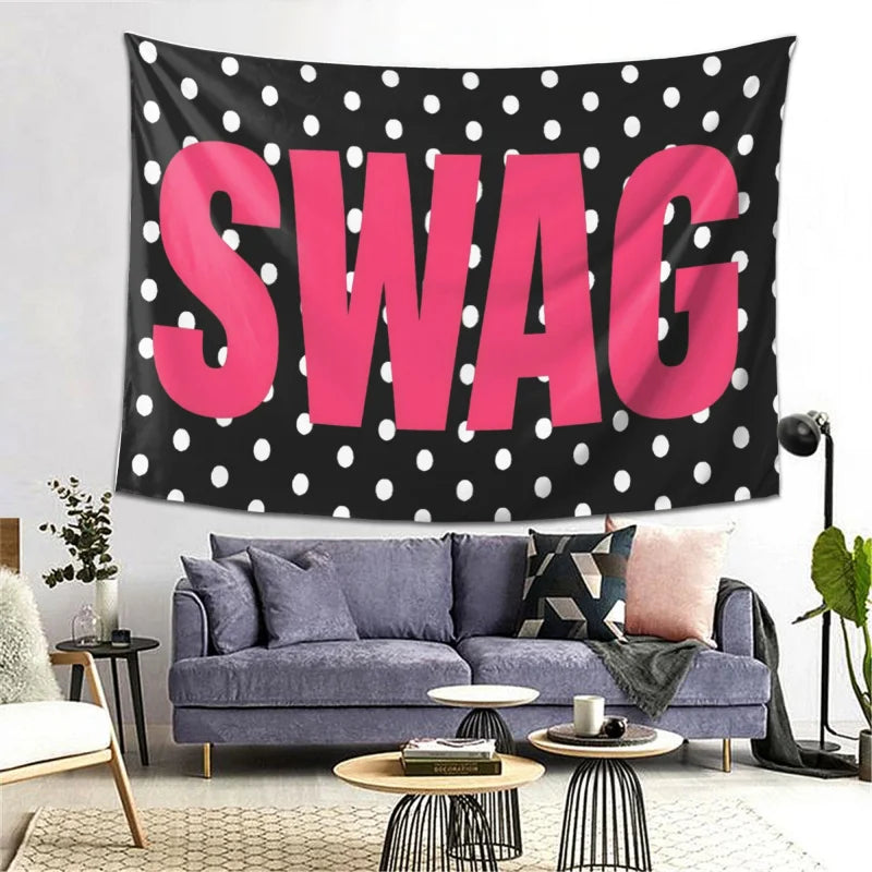 VIKAMA Polka Dot SWAG Tapestry Bold Pink Letter Wall Hanging for Bedroom Dorm Room Aesthetic Decor Trendy Wall Blanket