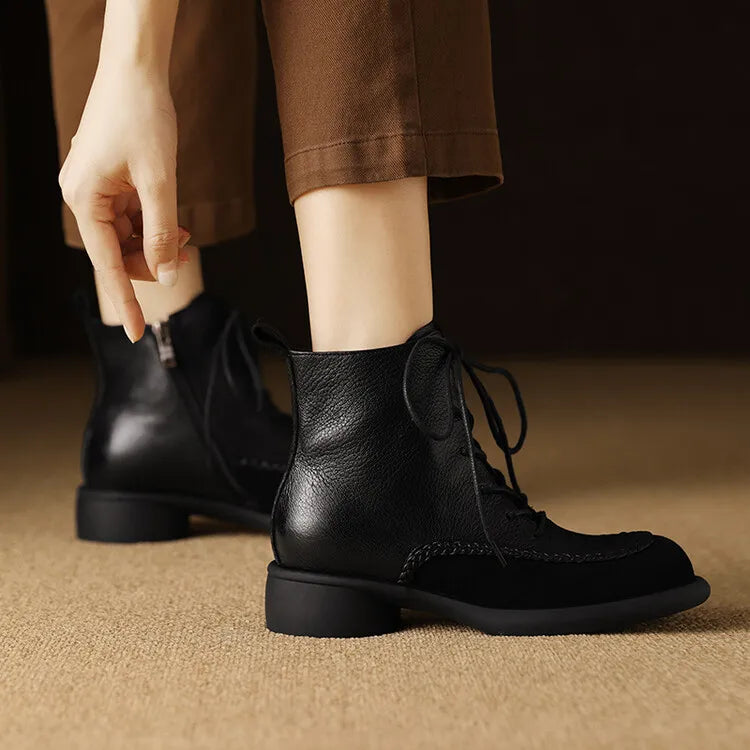 New Autumn Winter Genuine Leather Women Boots Fashion Lace Ankle Boot for Women Short Boots Shoes Chunky Heel Botines Mujer