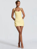 Solid Pleated Sling Dress Women Square Neck Sleeveless Backless Waist Cinching Bodycon Dresses Lady Summer Evening Party Gowns