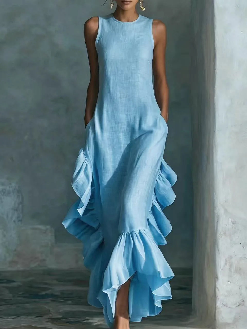 Elegant Solid Ruffle Long Dress Women 2026 Fashion O Neck Sleeveless Maxi Dress Summer Ruffle Hem Tank Boho Vacation Beach Dress
