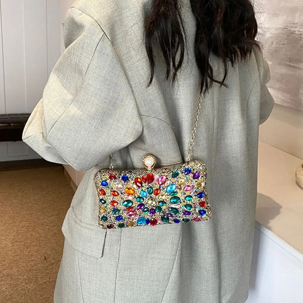 Portable Shiny Evening Banquet Bag Sequin Bling Crystal Colorful Rhinestone Shoulder Bag Handbag Purse Chain Crossbody Bag Women