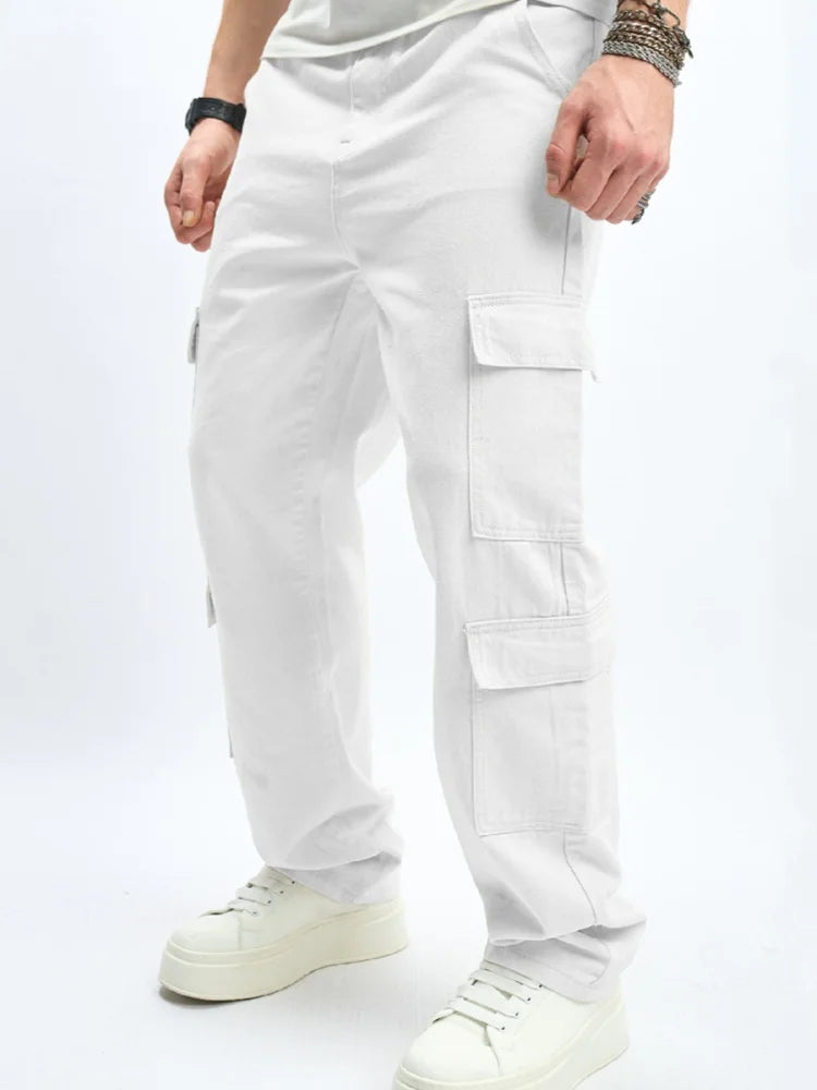 Mens Multiple Pockets Cargo Loose Jeans Streetwear Straight Casual Outdoor Trousers Male Clothing Fashion Denim Pants White