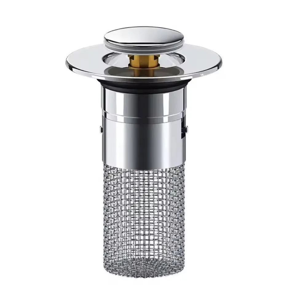 Universal Rebound Drain Plug Filter Basin Pop-up Chrome Sink Filter with Hair Catcher Bathroom Sink Drain Stopper Easy Push Type