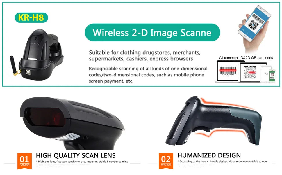 Barcode Scanner with Charger Base Stand 1D 2D QR Codes Reader BT Wireless Barcode Reader Supermarket Mobile Payment PDF417 H8