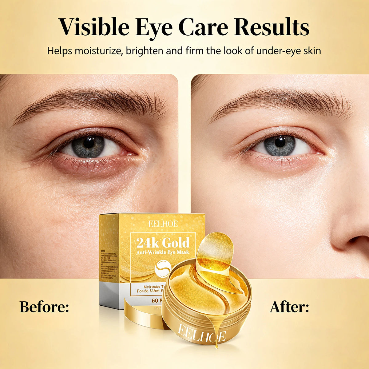 60Pcs 24K Gold Anti‑Wrinkle Eye Mask Collagen Hyaluronic Acid Eye Patches Moisturizing Brighten Dark Circles Firming Under‑Eye