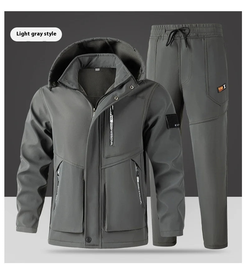 Winter Fleece Lined Thickened Windbreaker Work Suit Men Cold Proof Warm Waterproof Workwear Outdoor Labor Uniform