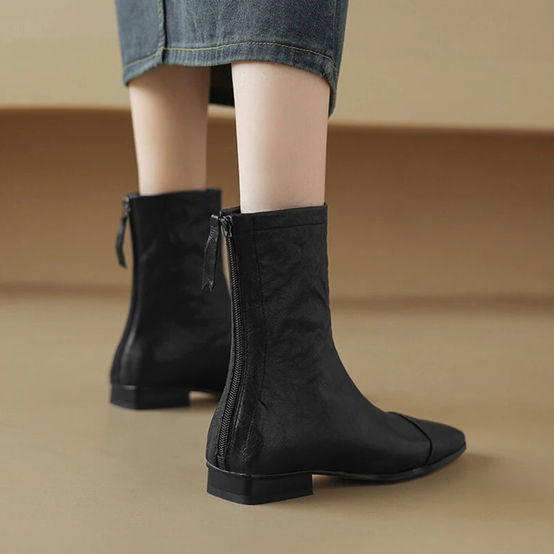 NEW Autumn/Winter Women Boots Square Toe Low Heel Shoes Genuine Leather Shoes for Women Concise Zipper Short Boots Modern Boots