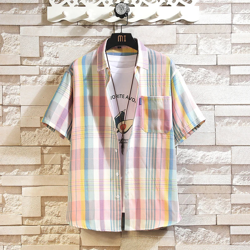 New Men's Shirts Casual Loose Designer Plaid Short Sleeve Shirts Mens Clothing Trend Social Mens Office Shirt Daily Work 5XL