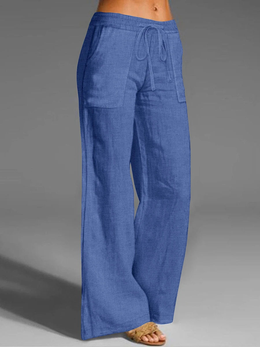 Women's Wide Leg Pants Elastic Waist Drawstring Casual Loose Trousers Summer Solid Color Pockets Comfortable Soft Beach Pants