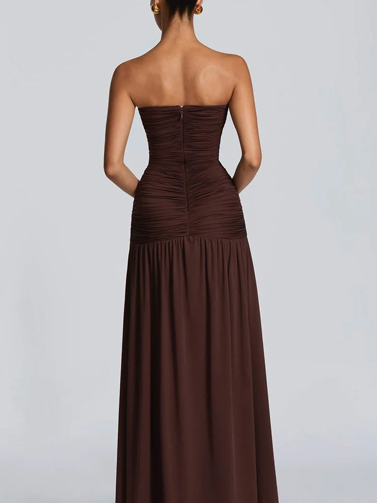 Rinabe Deep V Neck Strapless Maxi Dress Chic Solid Off-shoulder Backless Split Elegant Evening Dress Women Chic Slim Dresses