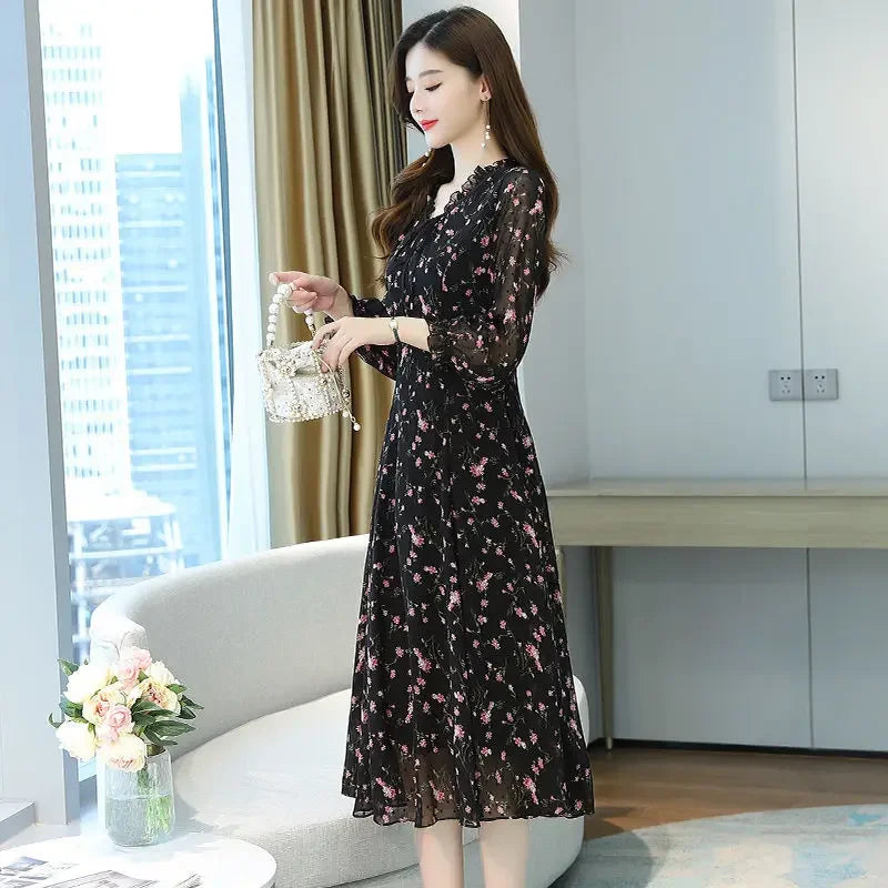 Woman Dress Summer Autumn New Long Sleeve Small Floral Chiffon Dress Dress Vestido De Mujer